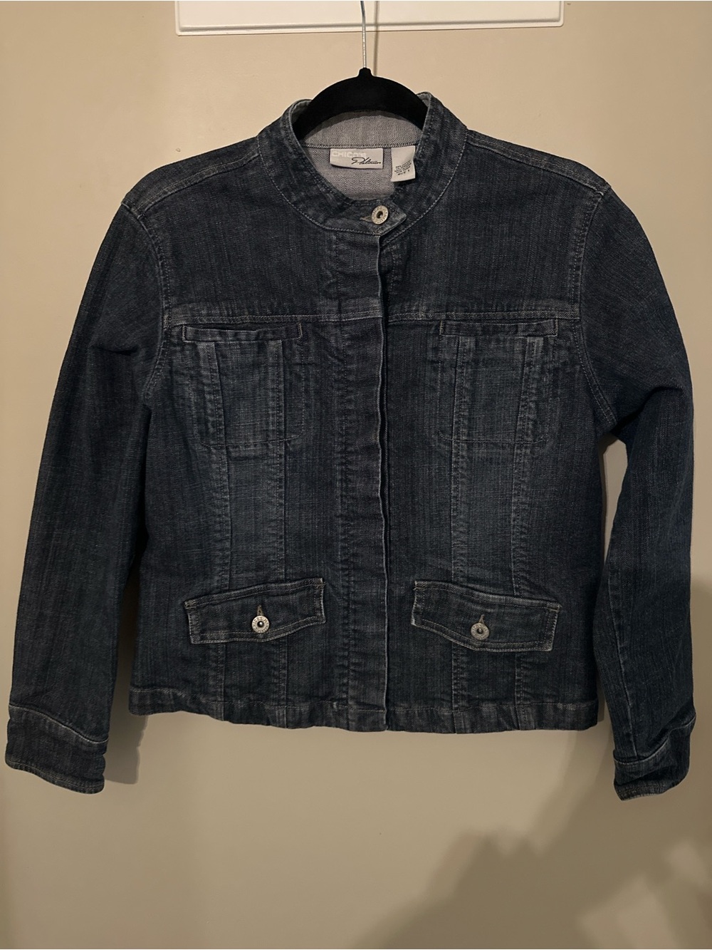 Chico’s Platinum Denim Jacket Size 1 Medium Stretch Dark Wash